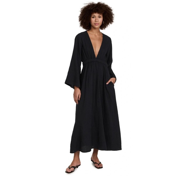 Mara Hoffman Blair Deep V-neck Long Sleeve Maxi Coverup Dress Black Large H14113 - Picture 16 of 16